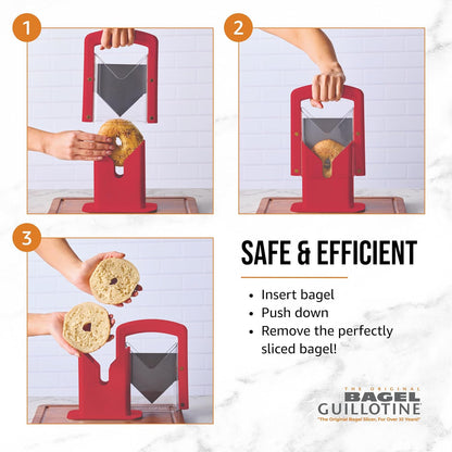 The Original Bagel Guillotine Slicer - 9.25-Inch Stainless Steel Blade Slicer - Safe and Efficient Easy Bagel Cutter for Muffins, Rolls, Buns with Precision Ground Serrated Blade (White)