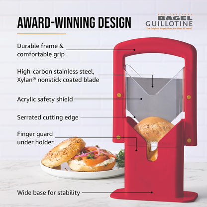 The Original Bagel Guillotine Slicer - 9.25-Inch Stainless Steel Blade Slicer - Safe and Efficient Easy Bagel Cutter for Muffins, Rolls, Buns with Precision Ground Serrated Blade (White)