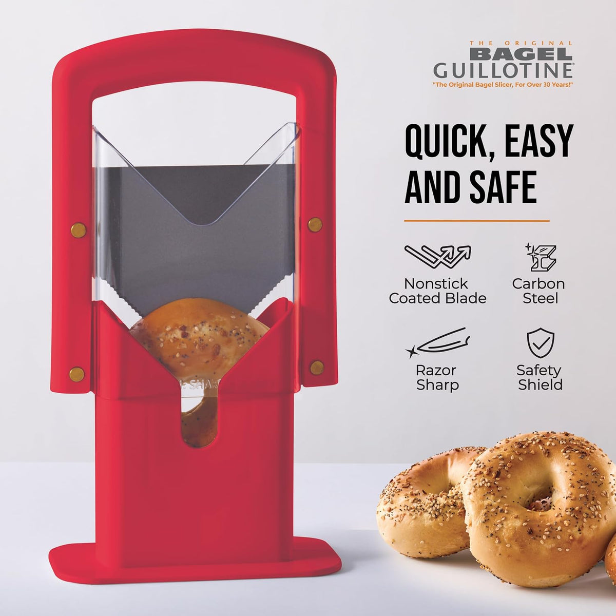 The Original Bagel Guillotine Slicer - 9.25-Inch Stainless Steel Blade Slicer - Safe and Efficient Easy Bagel Cutter for Muffins, Rolls, Buns with Precision Ground Serrated Blade (White)