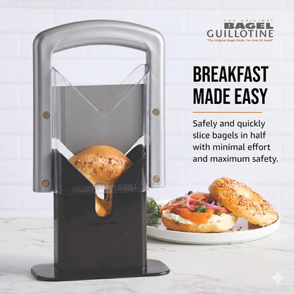 The Original Bagel Guillotine Slicer - 9.25-Inch Stainless Steel Blade Slicer - Safe and Efficient Easy Bagel Cutter for Muffins, Rolls, Buns with Precision Ground Serrated Blade (White)