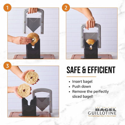The Original Bagel Guillotine Slicer - 9.25-Inch Stainless Steel Blade Slicer - Safe and Efficient Easy Bagel Cutter for Muffins, Rolls, Buns with Precision Ground Serrated Blade (White)