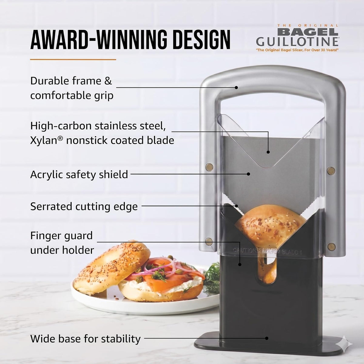 The Original Bagel Guillotine Slicer - 9.25-Inch Stainless Steel Blade Slicer - Safe and Efficient Easy Bagel Cutter for Muffins, Rolls, Buns with Precision Ground Serrated Blade (White)