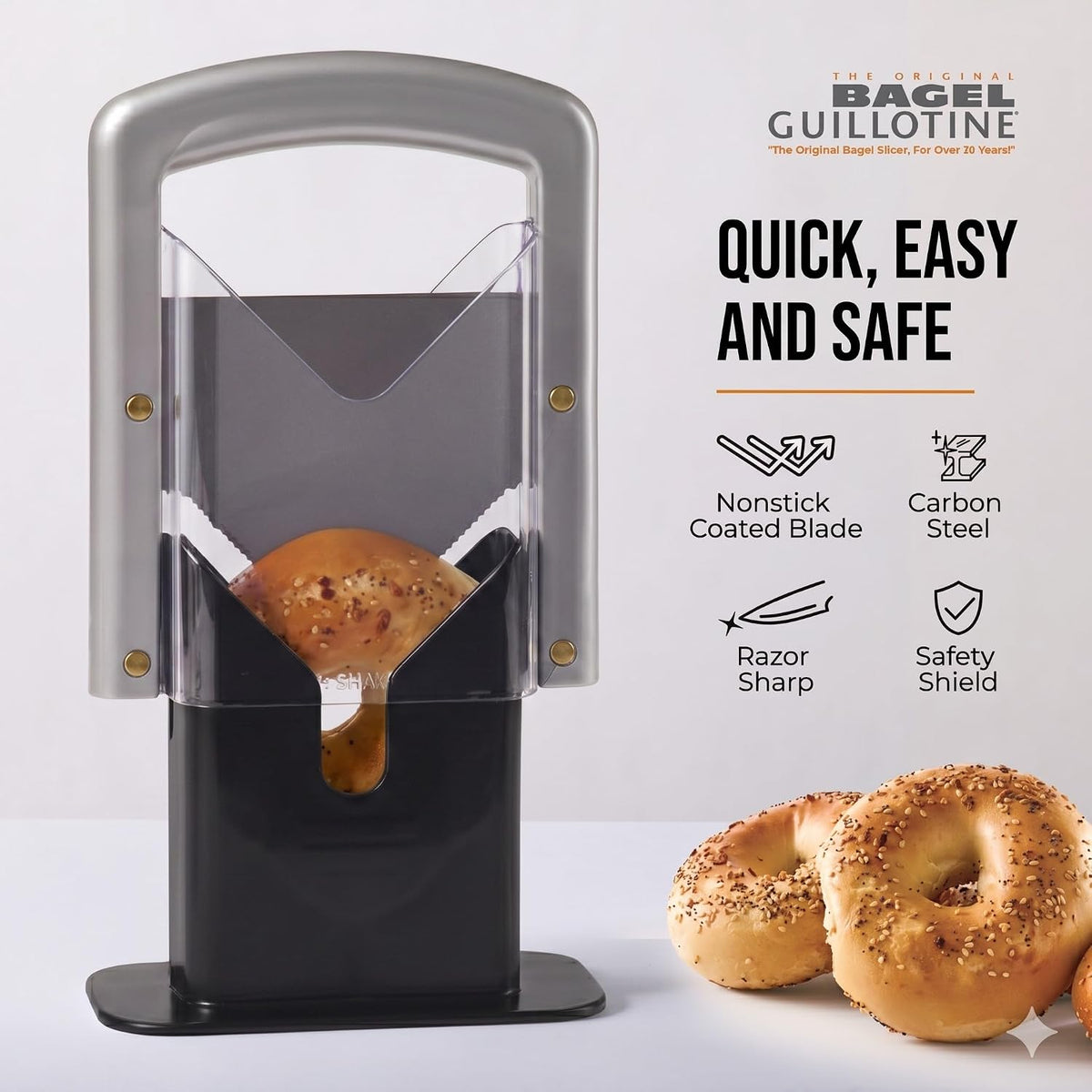 The Original Bagel Guillotine Slicer - 9.25-Inch Stainless Steel Blade Slicer - Safe and Efficient Easy Bagel Cutter for Muffins, Rolls, Buns with Precision Ground Serrated Blade (White)