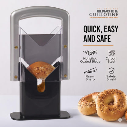 The Original Bagel Guillotine Slicer - 9.25-Inch Stainless Steel Blade Slicer - Safe and Efficient Easy Bagel Cutter for Muffins, Rolls, Buns with Precision Ground Serrated Blade (White)