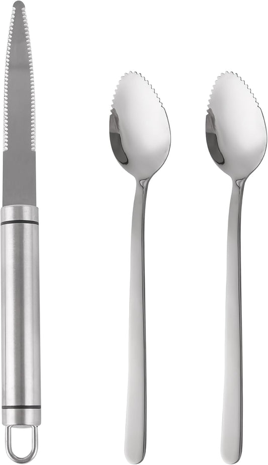 Grapefruit knife & Grapefruit Spoons, Grapefruit Utensil 3 Pieces Set, Stainless Steel Serrated Edges Grapefruit Knife and Spoon, Dishwasher Safe & Kitchen Utensils (Silver)