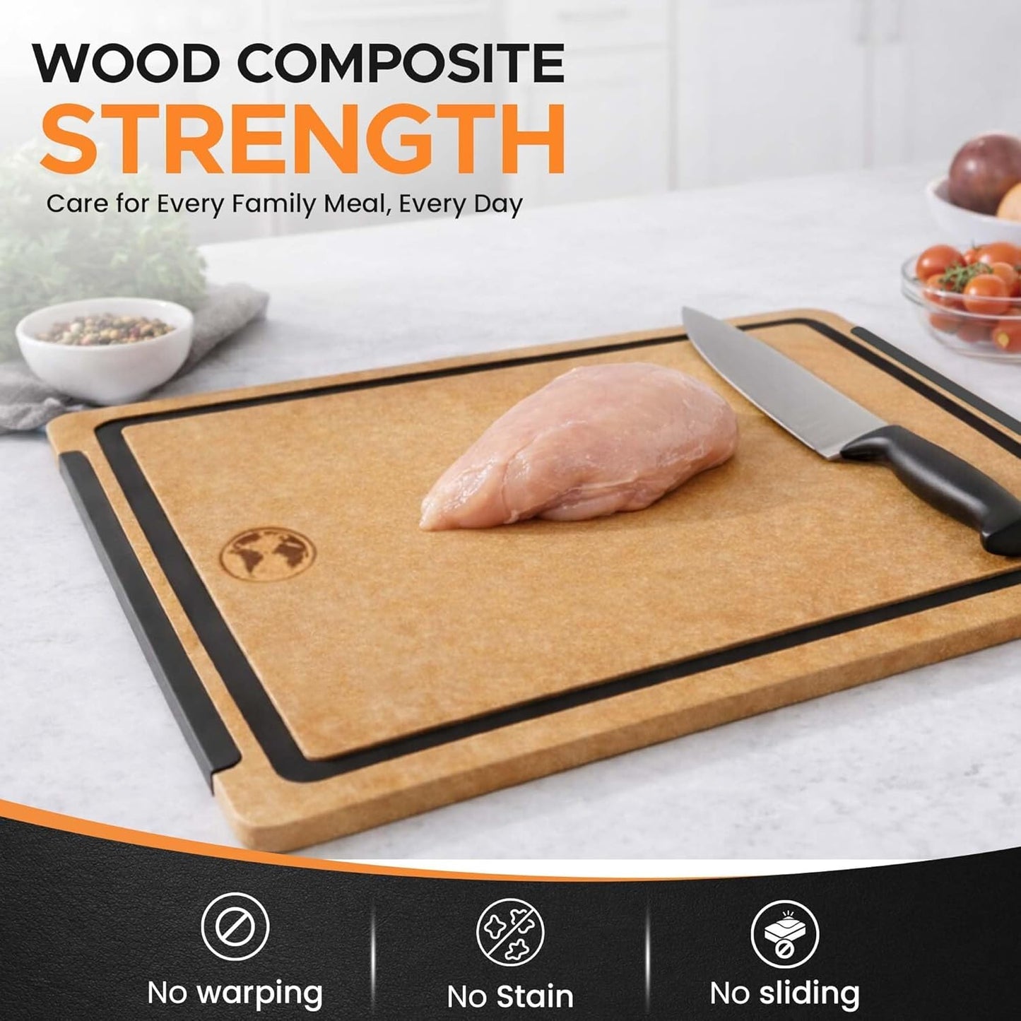 Composite Wood Cutting Board 17” x 12” – Extra Large, Non-Toxic, Dishwasher Safe, Knife-Friendly, Heavy-Duty Kitchen & Charcuterie Board (Tan/Black)