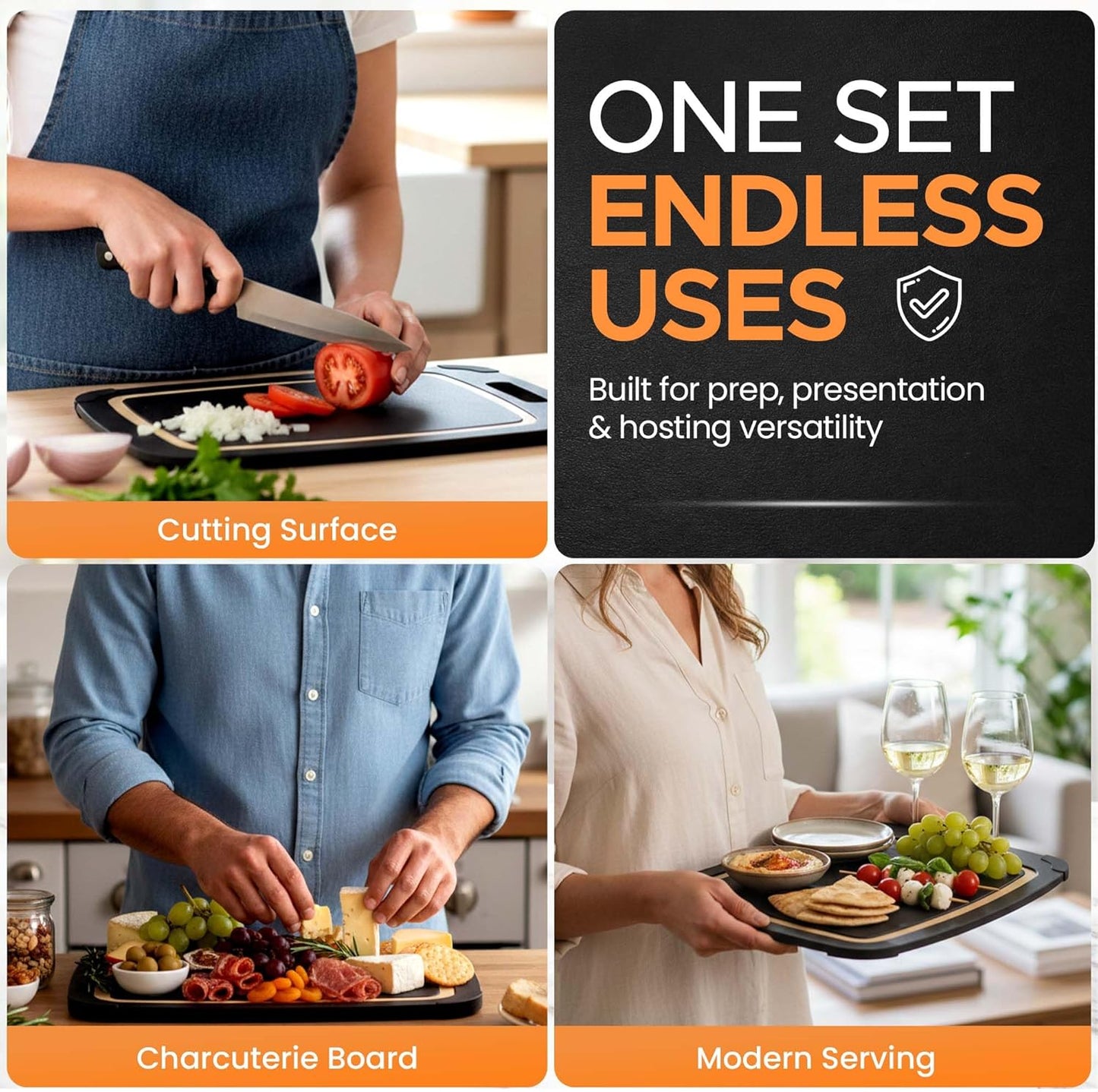 Composite Wood Cutting Board 17” x 12” – Extra Large, Non-Toxic, Dishwasher Safe, Knife-Friendly, Heavy-Duty Kitchen & Charcuterie Board (Tan/Black)