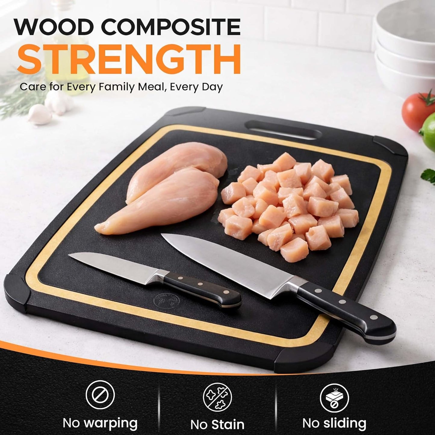 Composite Wood Cutting Board 17” x 12” – Extra Large, Non-Toxic, Dishwasher Safe, Knife-Friendly, Heavy-Duty Kitchen & Charcuterie Board (Tan/Black)