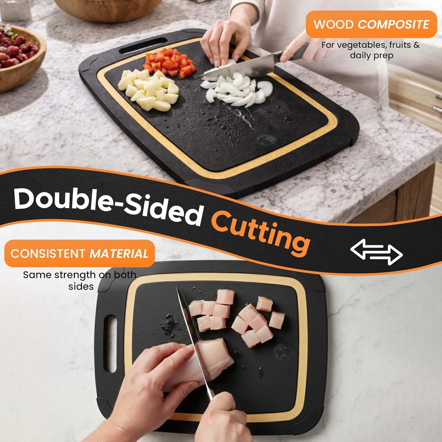 Composite Wood Cutting Board 17” x 12” – Extra Large, Non-Toxic, Dishwasher Safe, Knife-Friendly, Heavy-Duty Kitchen & Charcuterie Board (Tan/Black)