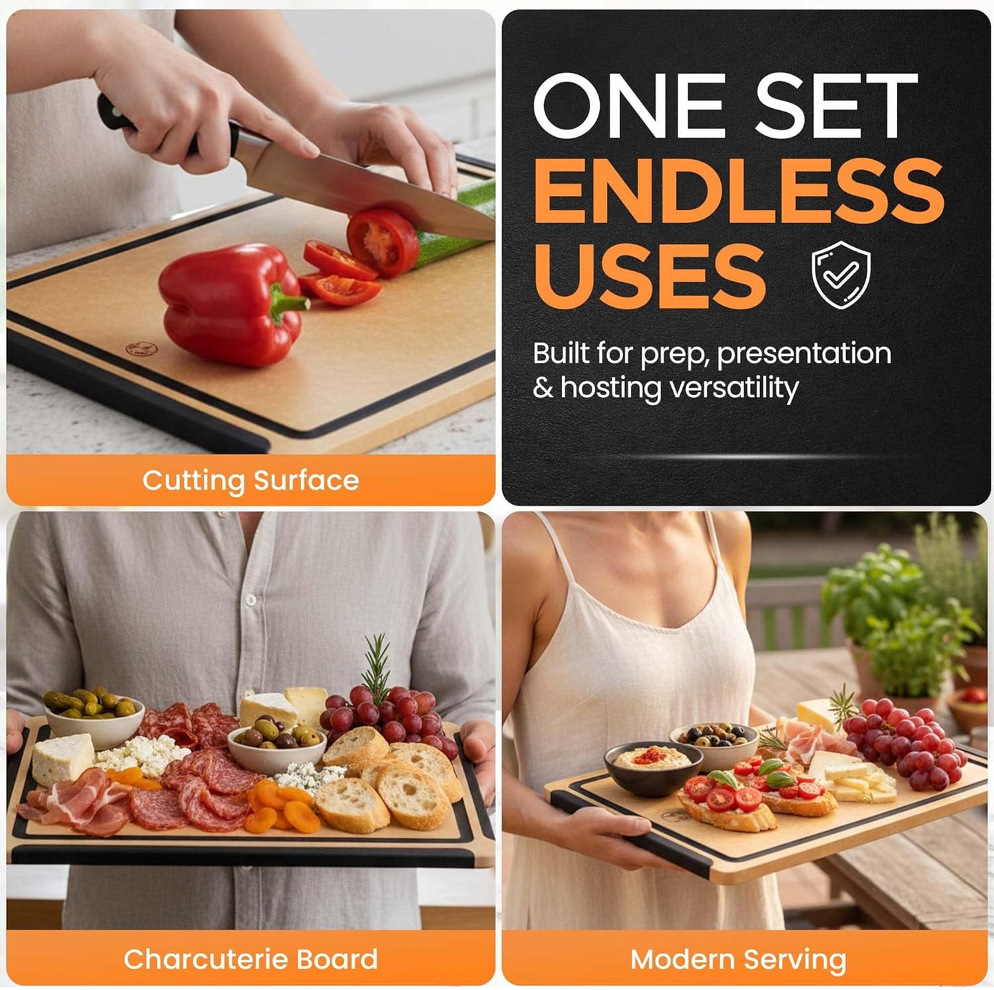 Composite Wood Cutting Board 17” x 12” – Extra Large, Non-Toxic, Dishwasher Safe, Knife-Friendly, Heavy-Duty Kitchen & Charcuterie Board (Tan/Black)