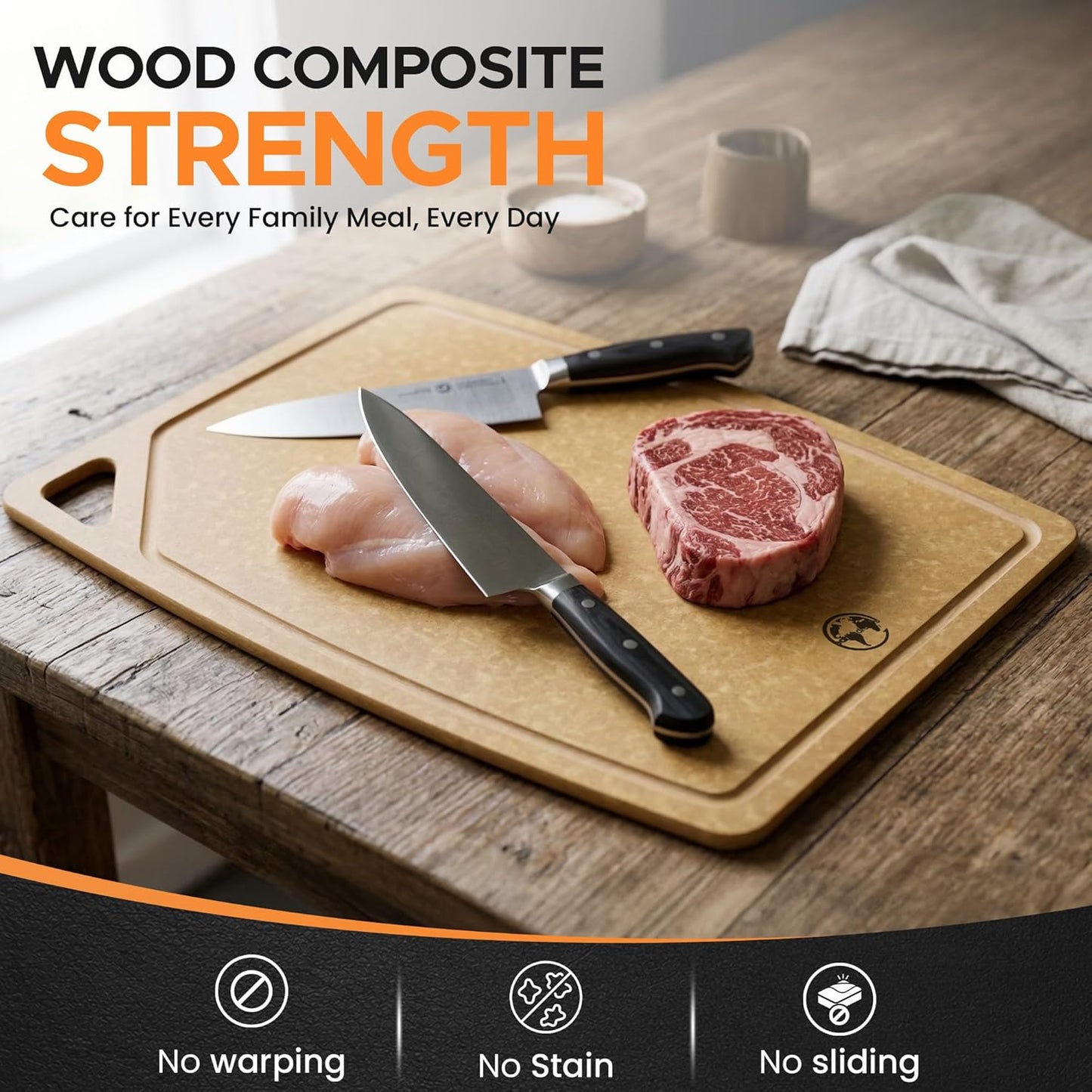 Composite Wood Cutting Board 17” x 12” – Extra Large, Non-Toxic, Dishwasher Safe, Knife-Friendly, Heavy-Duty Kitchen & Charcuterie Board (Tan/Black)