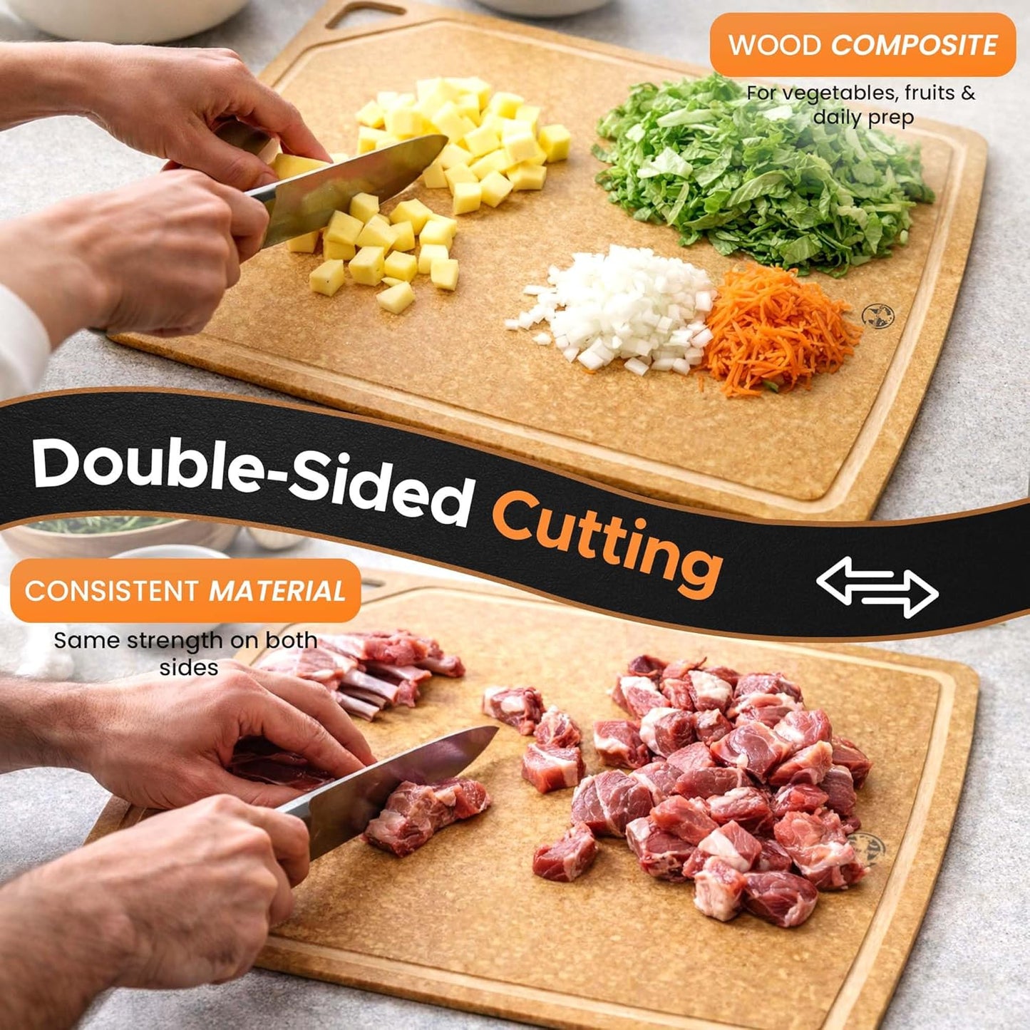 Composite Wood Cutting Board 17” x 12” – Extra Large, Non-Toxic, Dishwasher Safe, Knife-Friendly, Heavy-Duty Kitchen & Charcuterie Board (Tan/Black)