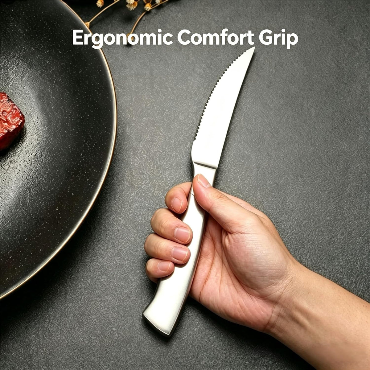 Professional Grade Steak Knives Set of 6 - Restaurant Quality Serrated Edge, Ergonomic Handle, Dishwasher Safe Stainless Steel Cutlery