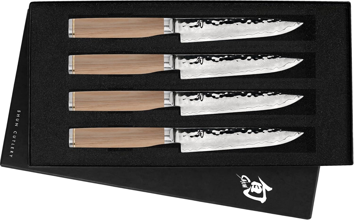 Premier Blonde 4 Piece Steak Knife Set | 5" Knives, Handcrafted Japanese Steak Knife Set, VG-MAX Core, Damascus Stainless Steel Cladding, Pakkawood Handle