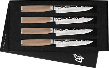 Premier Blonde 4 Piece Steak Knife Set | 5" Knives, Handcrafted Japanese Steak Knife Set, VG-MAX Core, Damascus Stainless Steel Cladding, Pakkawood Handle