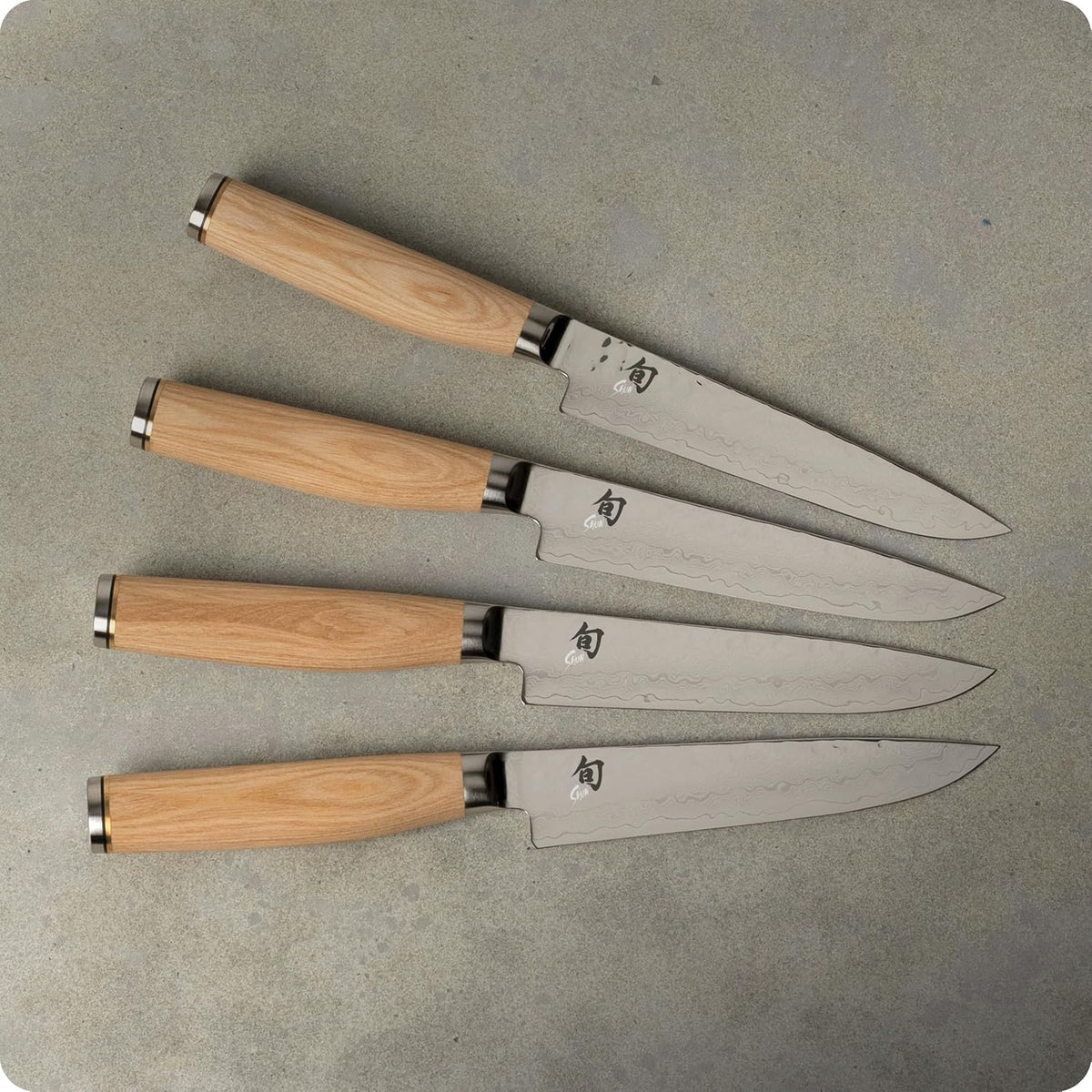 Premier Blonde 4 Piece Steak Knife Set | 5" Knives, Handcrafted Japanese Steak Knife Set, VG-MAX Core, Damascus Stainless Steel Cladding, Pakkawood Handle