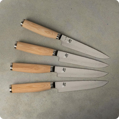 Premier Blonde 4 Piece Steak Knife Set | 5" Knives, Handcrafted Japanese Steak Knife Set, VG-MAX Core, Damascus Stainless Steel Cladding, Pakkawood Handle
