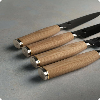 Premier Blonde 4 Piece Steak Knife Set | 5" Knives, Handcrafted Japanese Steak Knife Set, VG-MAX Core, Damascus Stainless Steel Cladding, Pakkawood Handle