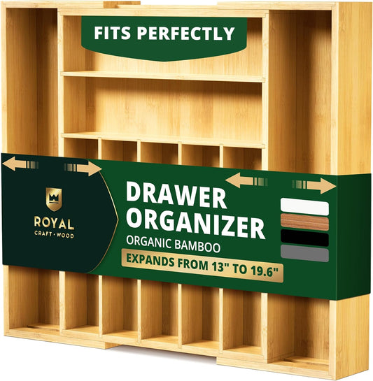 Luxury Bamboo Kitchen Drawer Organizer - Silverware Organizer, Utensil Holder & Cutlery Tray Drawer Dividers for Flatware (9 Slot, Natural)