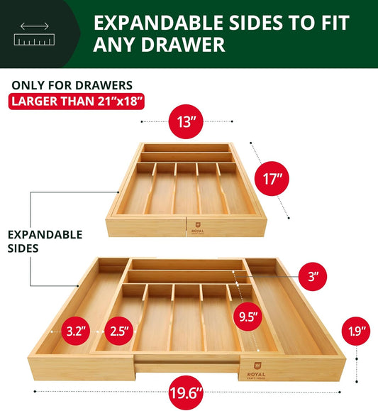 Luxury Bamboo Kitchen Drawer Organizer - Silverware Organizer, Utensil Holder & Cutlery Tray Drawer Dividers for Flatware (9 Slot, Natural)