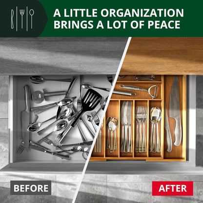 Luxury Bamboo Kitchen Drawer Organizer - Silverware Organizer, Utensil Holder & Cutlery Tray Drawer Dividers for Flatware (9 Slot, Natural)