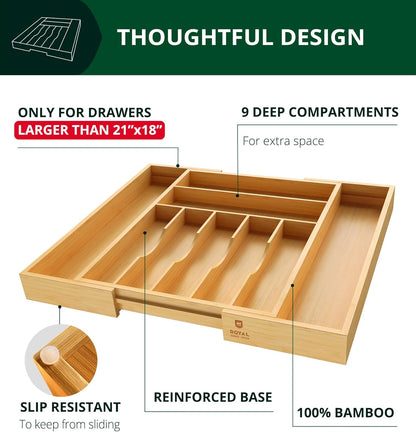 Luxury Bamboo Kitchen Drawer Organizer - Silverware Organizer, Utensil Holder & Cutlery Tray Drawer Dividers for Flatware (9 Slot, Natural)