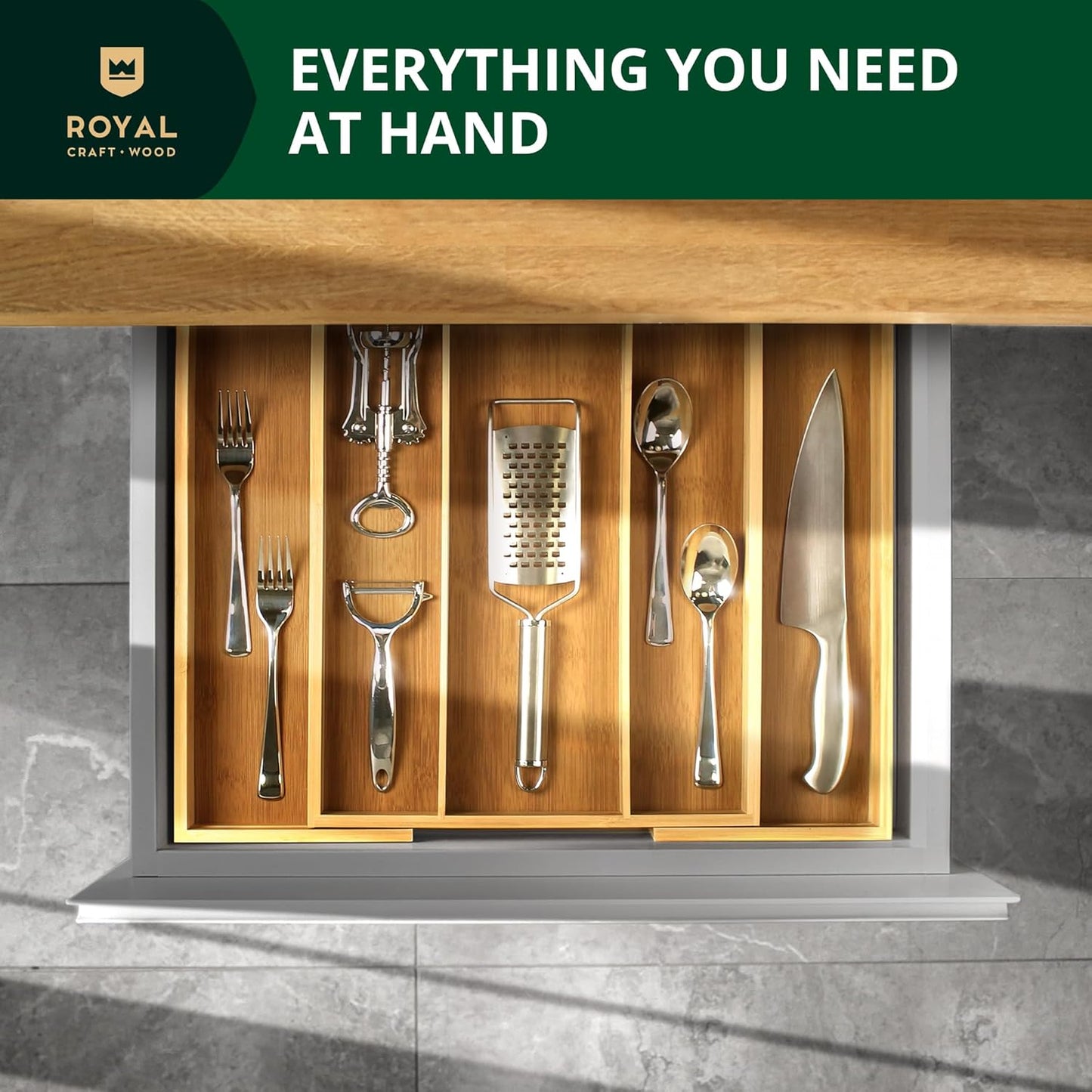 Luxury Bamboo Kitchen Drawer Organizer - Silverware Organizer, Utensil Holder & Cutlery Tray Drawer Dividers for Flatware (9 Slot, Natural)