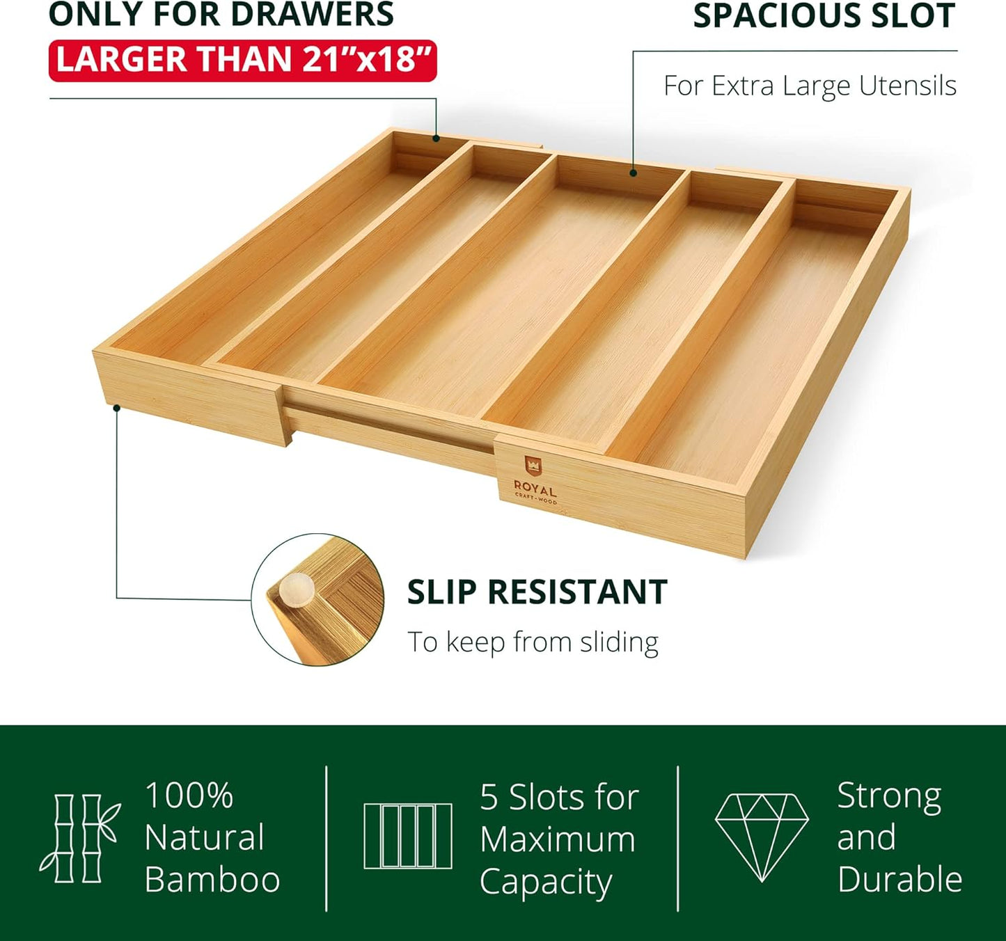 Luxury Bamboo Kitchen Drawer Organizer - Silverware Organizer, Utensil Holder & Cutlery Tray Drawer Dividers for Flatware (9 Slot, Natural)