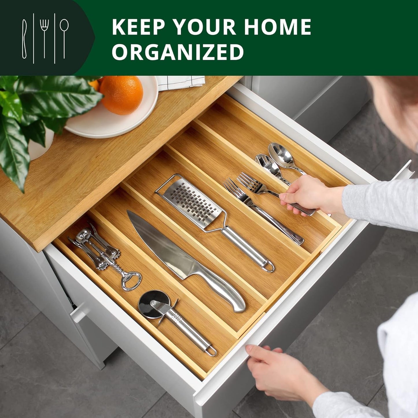 Luxury Bamboo Kitchen Drawer Organizer - Silverware Organizer, Utensil Holder & Cutlery Tray Drawer Dividers for Flatware (9 Slot, Natural)