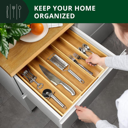 Luxury Bamboo Kitchen Drawer Organizer - Silverware Organizer, Utensil Holder & Cutlery Tray Drawer Dividers for Flatware (9 Slot, Natural)