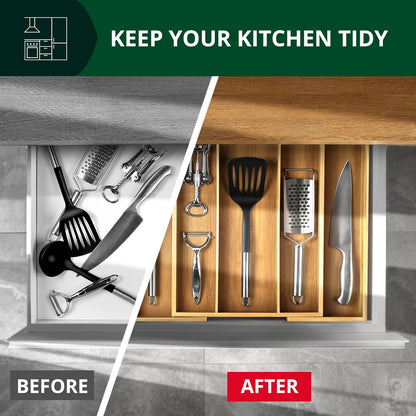 Luxury Bamboo Kitchen Drawer Organizer - Silverware Organizer, Utensil Holder & Cutlery Tray Drawer Dividers for Flatware (9 Slot, Natural)