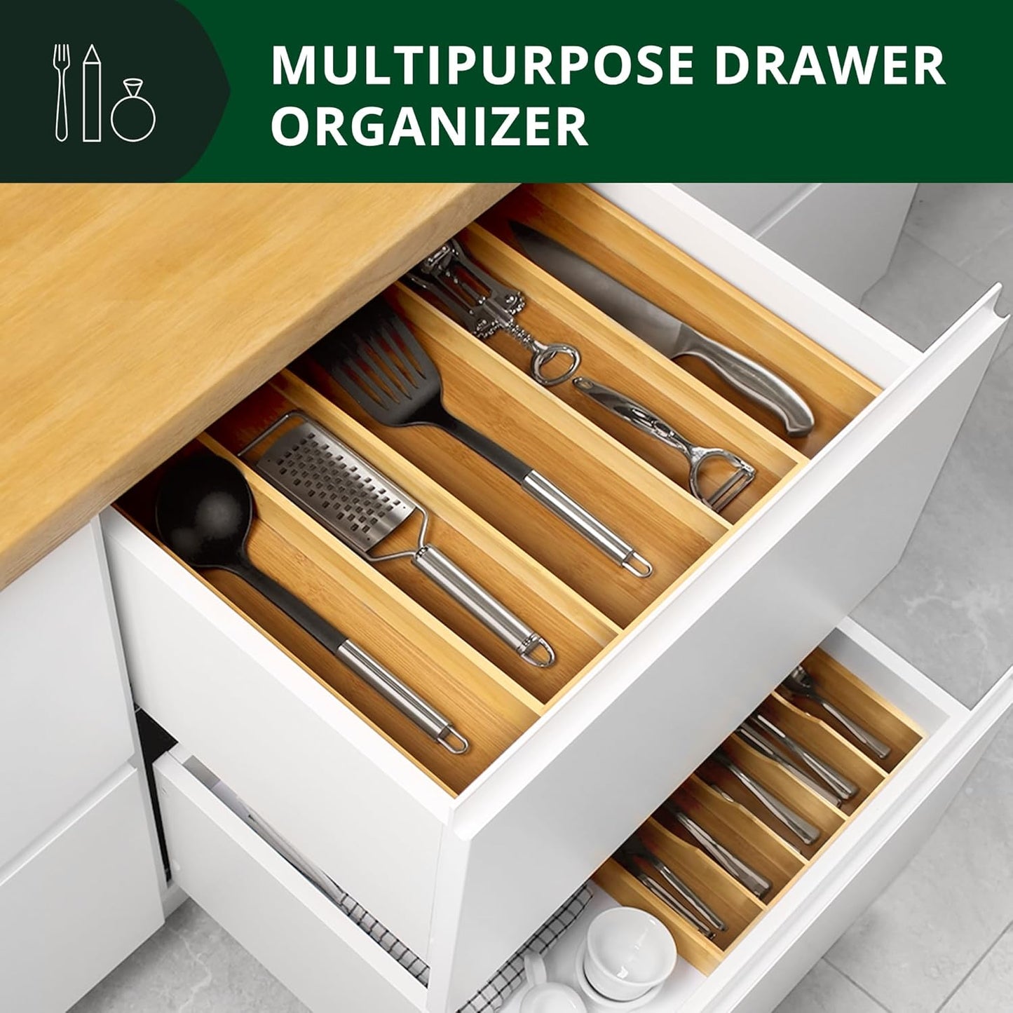 Luxury Bamboo Kitchen Drawer Organizer - Silverware Organizer, Utensil Holder & Cutlery Tray Drawer Dividers for Flatware (9 Slot, Natural)