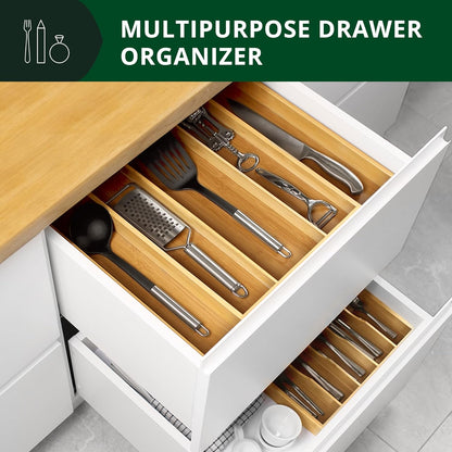 Luxury Bamboo Kitchen Drawer Organizer - Silverware Organizer, Utensil Holder & Cutlery Tray Drawer Dividers for Flatware (9 Slot, Natural)