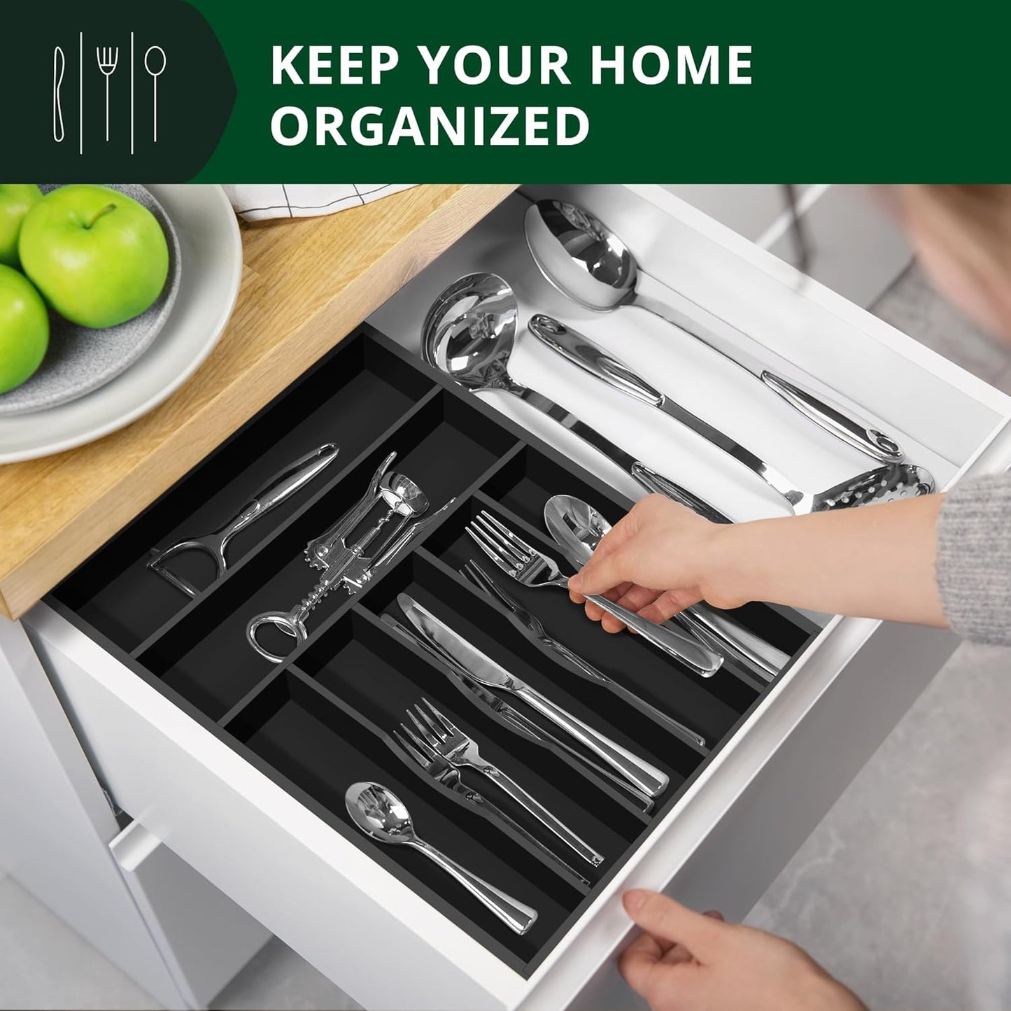 Luxury Bamboo Kitchen Drawer Organizer - Silverware Organizer, Utensil Holder & Cutlery Tray Drawer Dividers for Flatware (9 Slot, Natural)