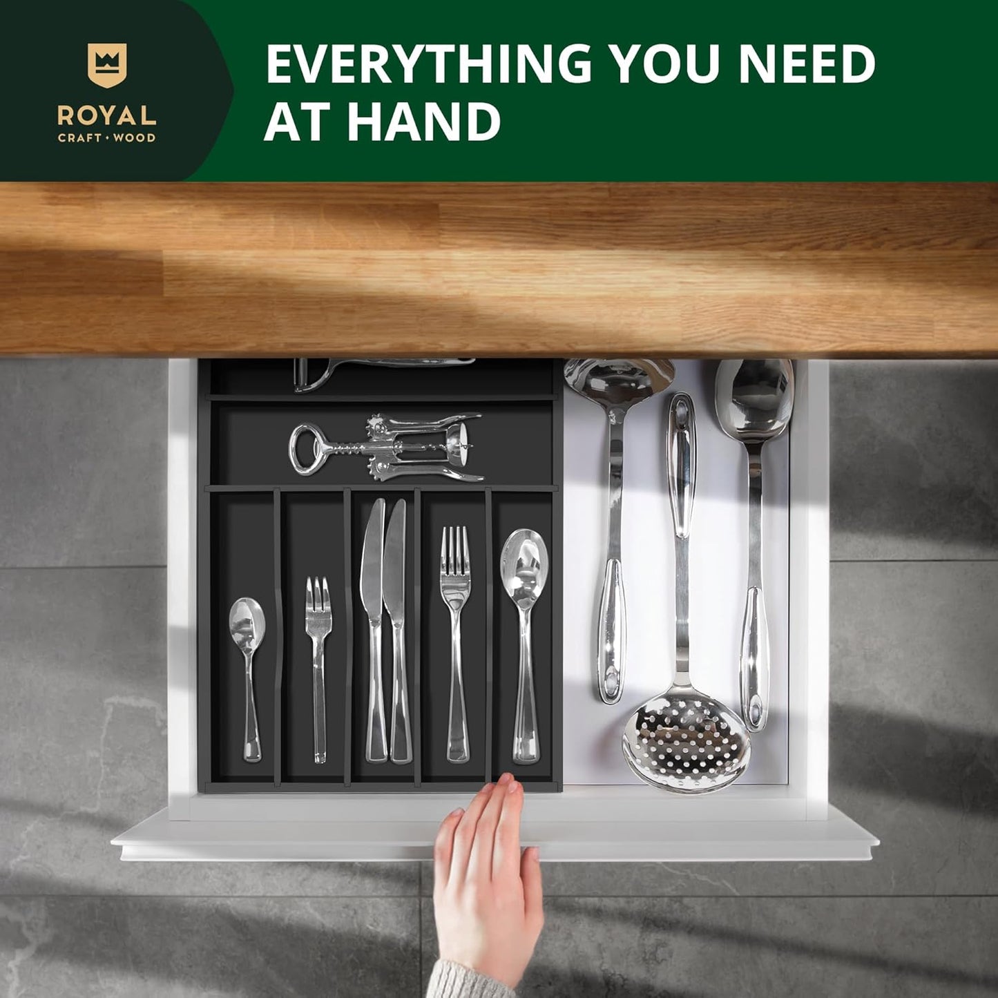 Luxury Bamboo Kitchen Drawer Organizer - Silverware Organizer, Utensil Holder & Cutlery Tray Drawer Dividers for Flatware (9 Slot, Natural)
