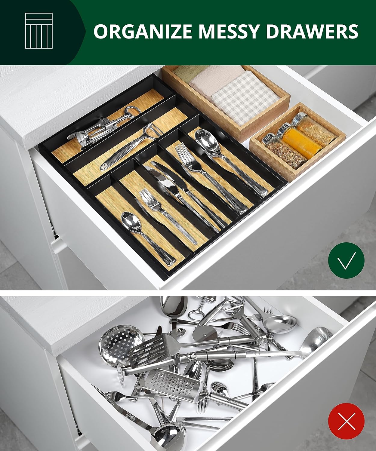 Luxury Bamboo Kitchen Drawer Organizer - Silverware Organizer, Utensil Holder & Cutlery Tray Drawer Dividers for Flatware (9 Slot, Natural)