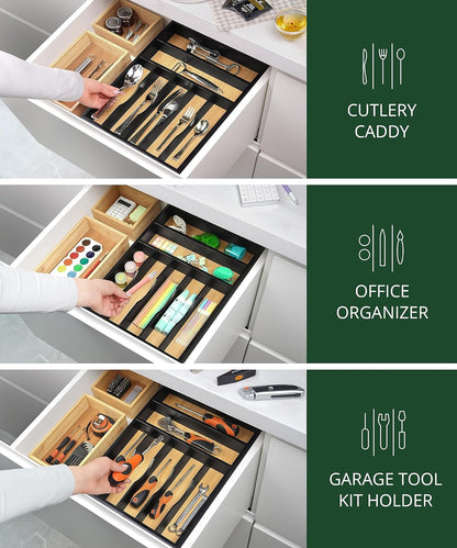 Luxury Bamboo Kitchen Drawer Organizer - Silverware Organizer, Utensil Holder & Cutlery Tray Drawer Dividers for Flatware (9 Slot, Natural)
