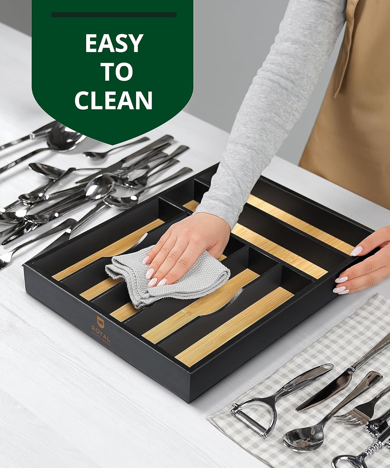 Luxury Bamboo Kitchen Drawer Organizer - Silverware Organizer, Utensil Holder & Cutlery Tray Drawer Dividers for Flatware (9 Slot, Natural)