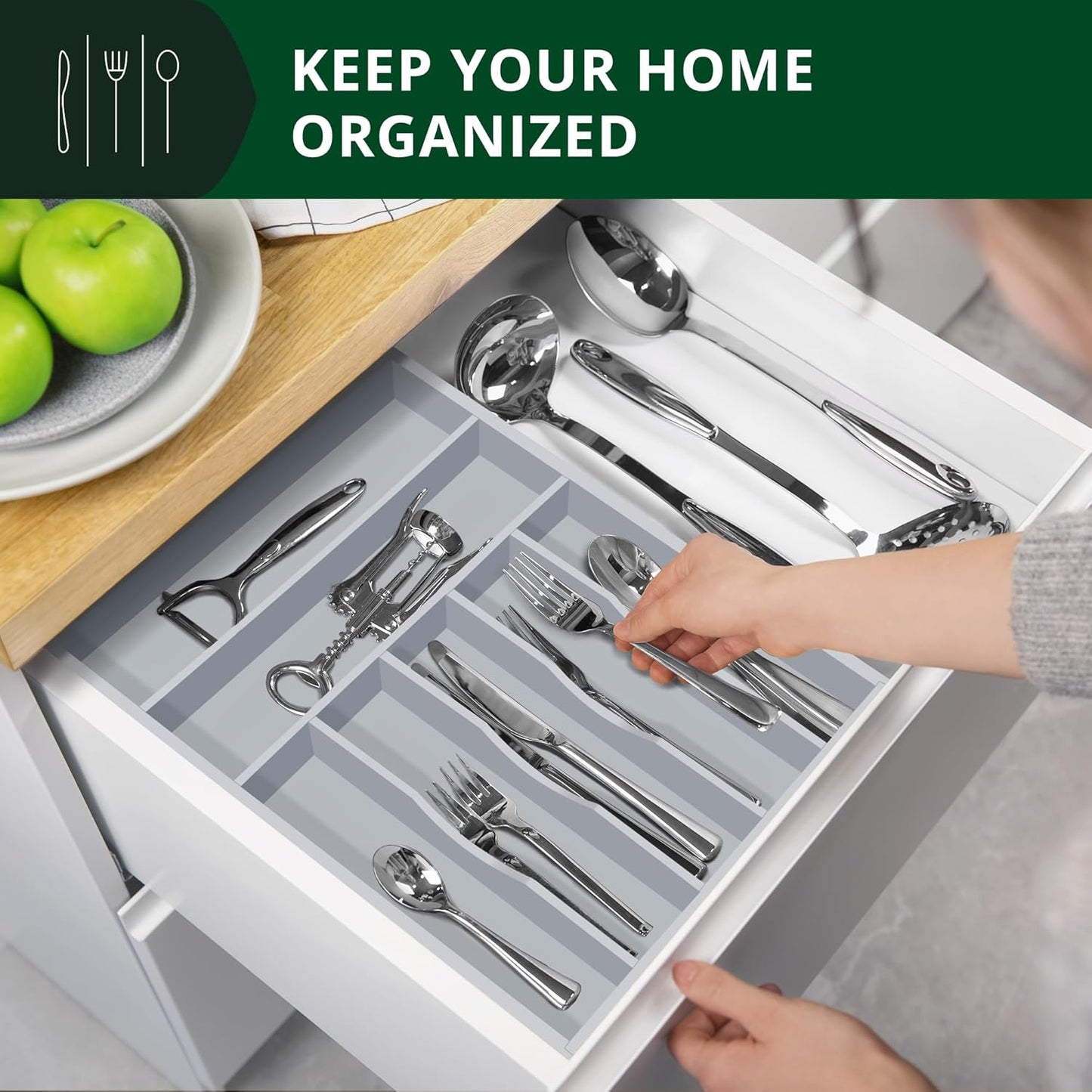 Luxury Bamboo Kitchen Drawer Organizer - Silverware Organizer, Utensil Holder & Cutlery Tray Drawer Dividers for Flatware (9 Slot, Natural)