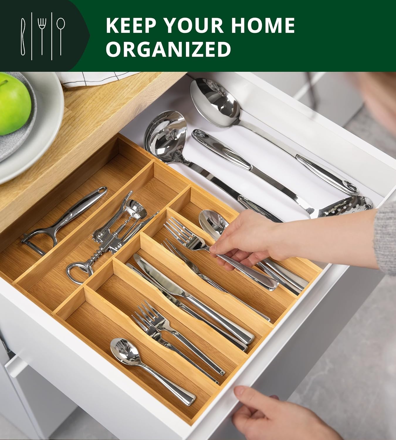 Luxury Bamboo Kitchen Drawer Organizer - Silverware Organizer, Utensil Holder & Cutlery Tray Drawer Dividers for Flatware (9 Slot, Natural)