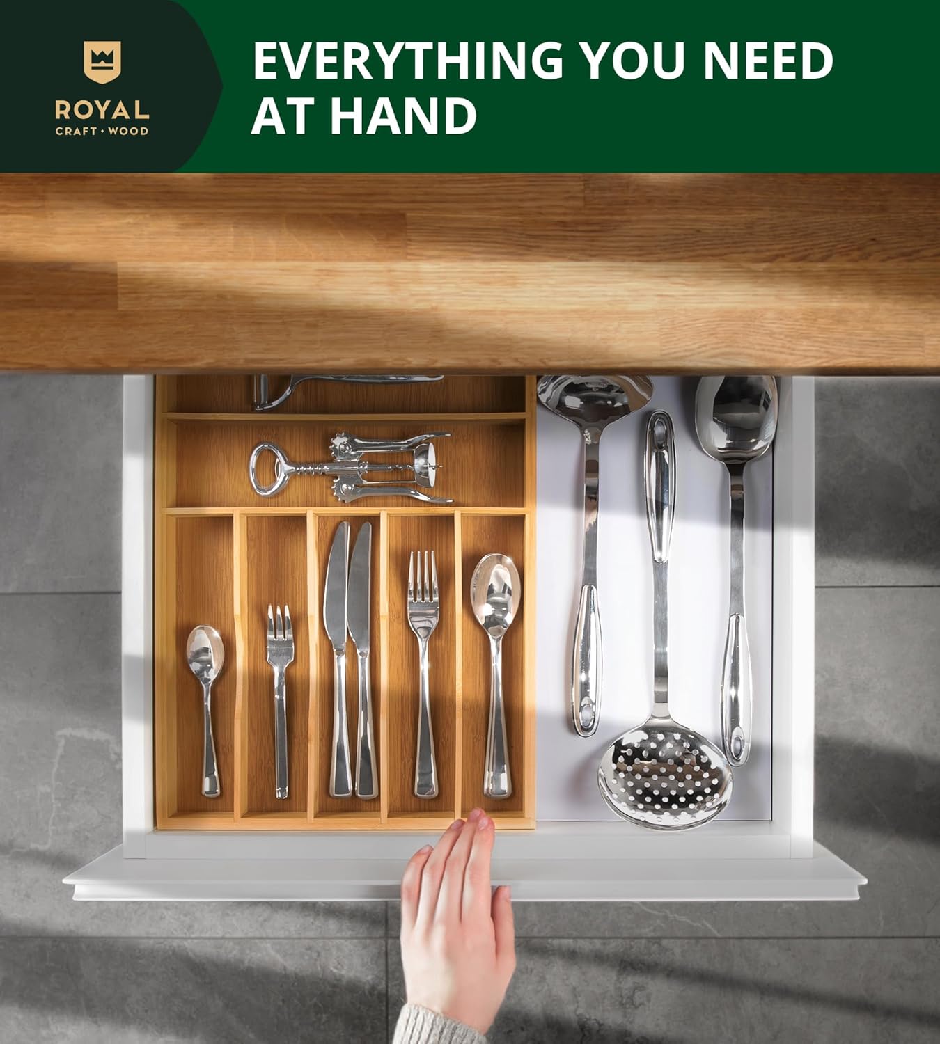 Luxury Bamboo Kitchen Drawer Organizer - Silverware Organizer, Utensil Holder & Cutlery Tray Drawer Dividers for Flatware (9 Slot, Natural)