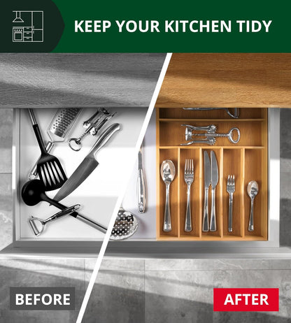 Luxury Bamboo Kitchen Drawer Organizer - Silverware Organizer, Utensil Holder & Cutlery Tray Drawer Dividers for Flatware (9 Slot, Natural)