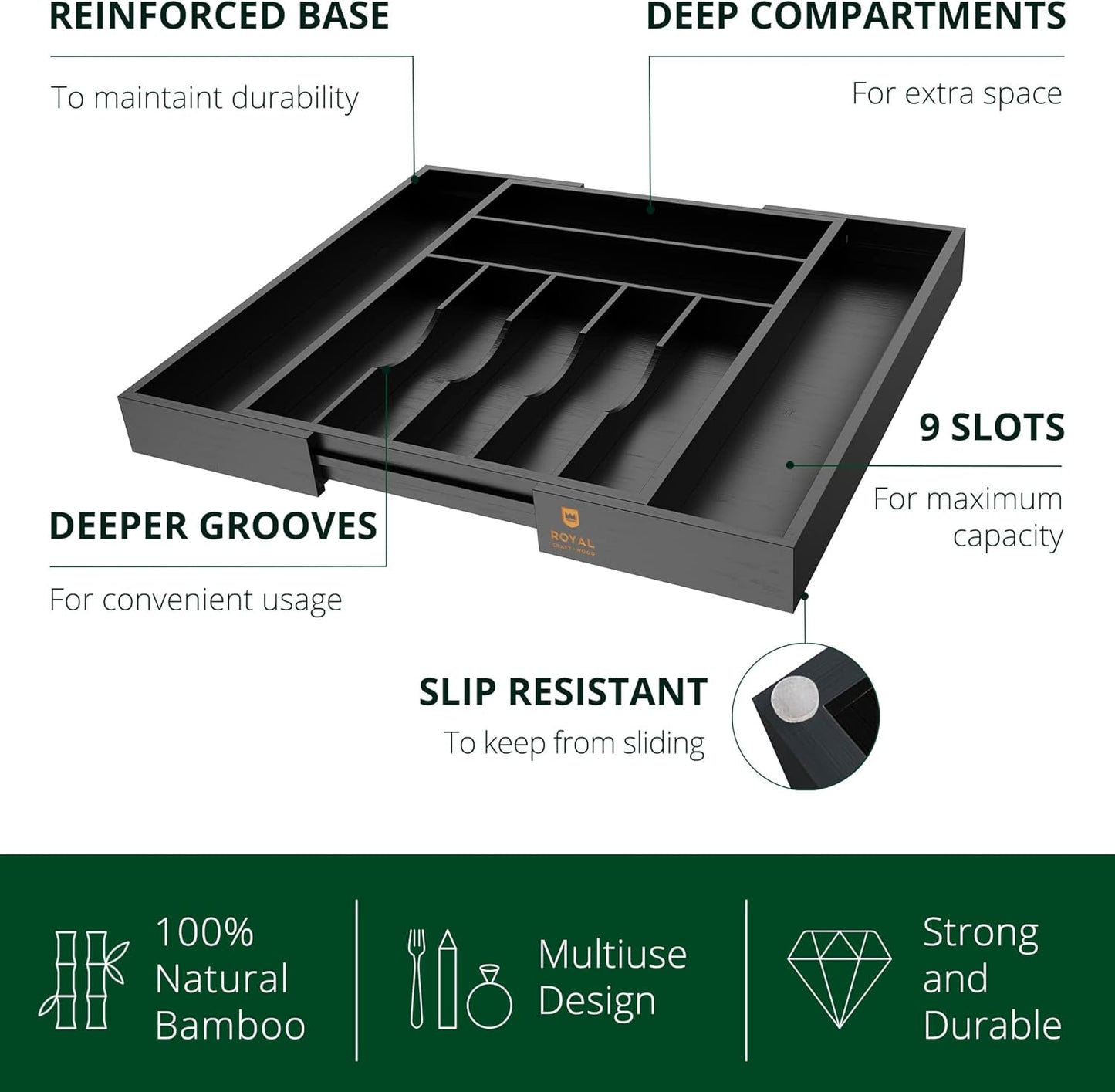 Luxury Bamboo Kitchen Drawer Organizer - Silverware Organizer, Utensil Holder & Cutlery Tray Drawer Dividers for Flatware (9 Slot, Natural)