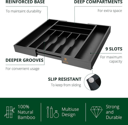 Luxury Bamboo Kitchen Drawer Organizer - Silverware Organizer, Utensil Holder & Cutlery Tray Drawer Dividers for Flatware (9 Slot, Natural)