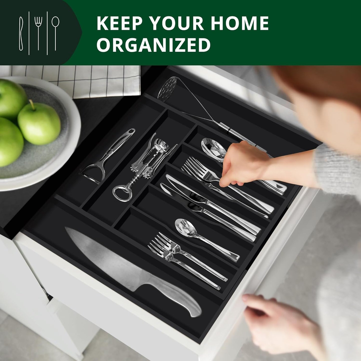 Luxury Bamboo Kitchen Drawer Organizer - Silverware Organizer, Utensil Holder & Cutlery Tray Drawer Dividers for Flatware (9 Slot, Natural)