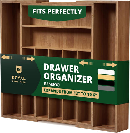 Luxury Bamboo Kitchen Drawer Organizer - Silverware Organizer, Utensil Holder & Cutlery Tray Drawer Dividers for Flatware (9 Slot, Natural)