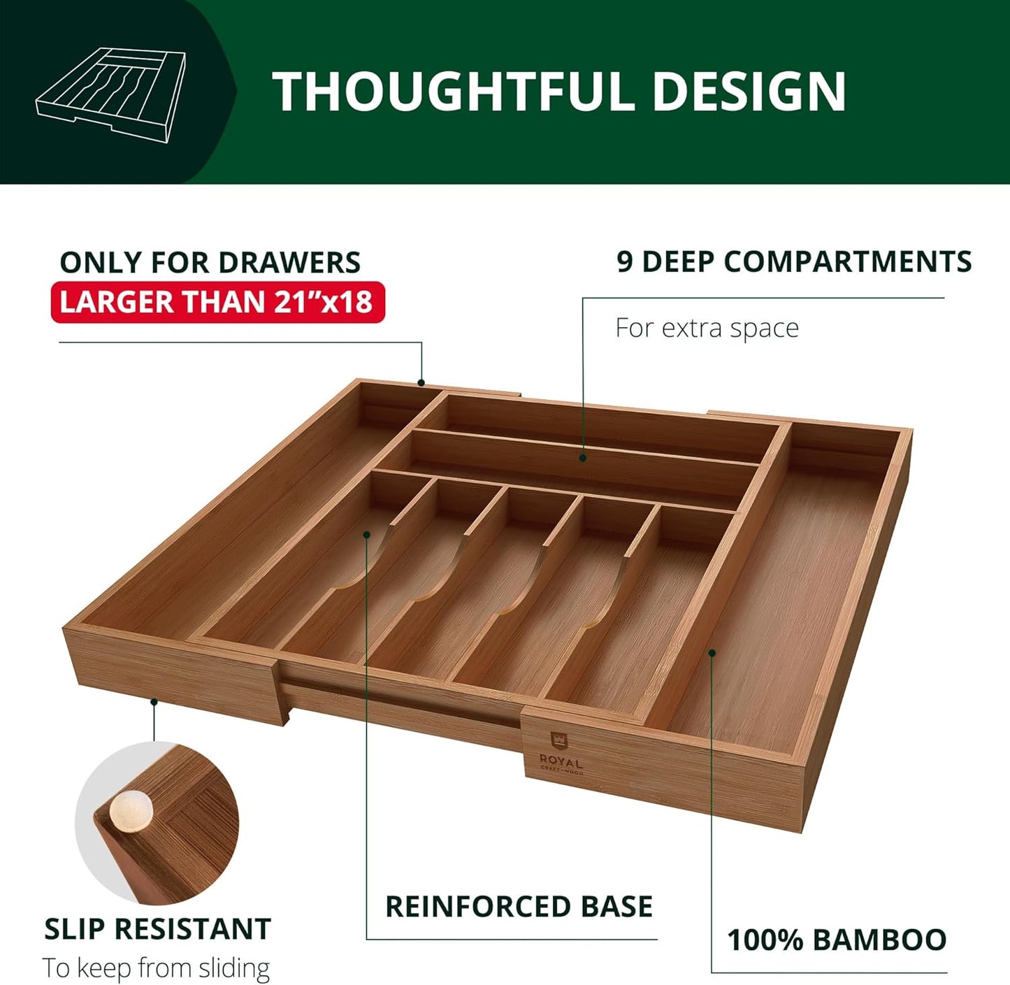 Luxury Bamboo Kitchen Drawer Organizer - Silverware Organizer, Utensil Holder & Cutlery Tray Drawer Dividers for Flatware (9 Slot, Natural)
