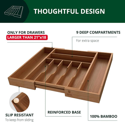 Luxury Bamboo Kitchen Drawer Organizer - Silverware Organizer, Utensil Holder & Cutlery Tray Drawer Dividers for Flatware (9 Slot, Natural)