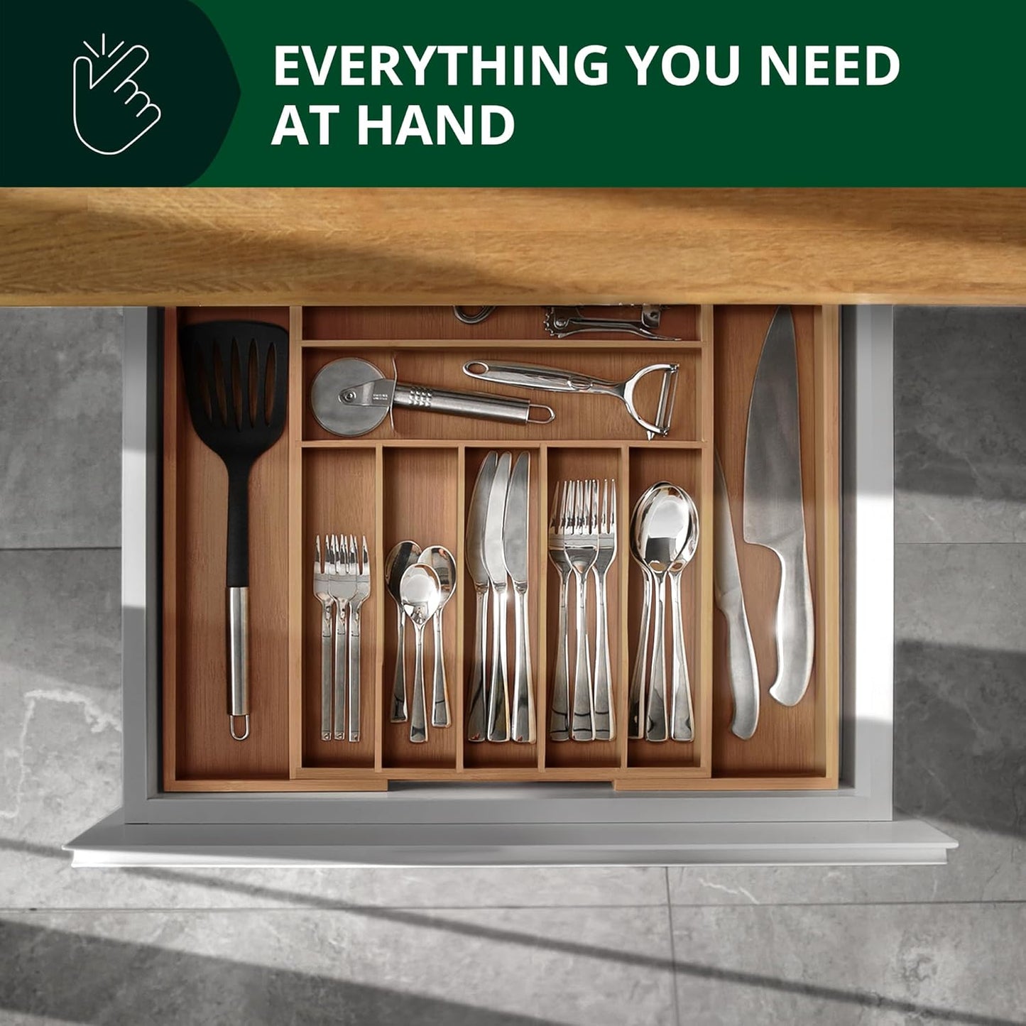 Luxury Bamboo Kitchen Drawer Organizer - Silverware Organizer, Utensil Holder & Cutlery Tray Drawer Dividers for Flatware (9 Slot, Natural)