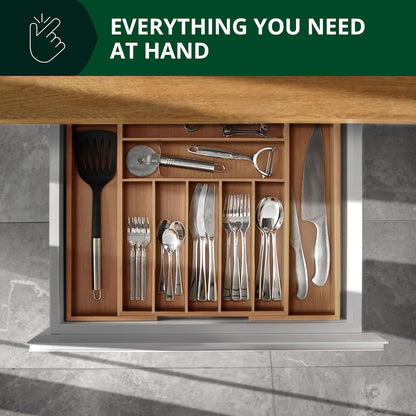 Luxury Bamboo Kitchen Drawer Organizer - Silverware Organizer, Utensil Holder & Cutlery Tray Drawer Dividers for Flatware (9 Slot, Natural)